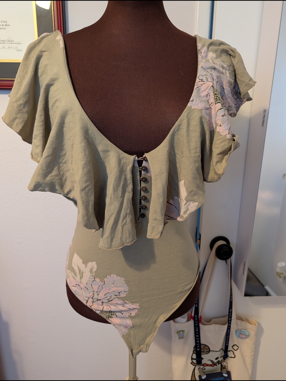 Free People Sage Green Floral Ruffle Button-Front Bodysuit